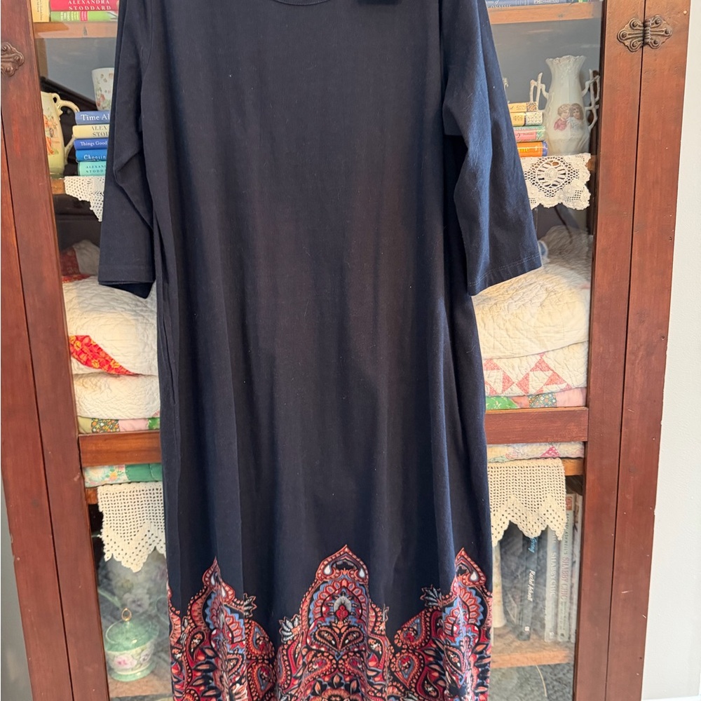 Ulla Popken Women's Navy Blue Cotton Dress w Paisley Border Sz 16/18 NWT